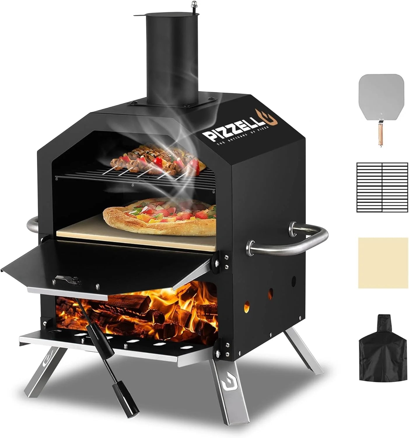 Outdoor Wood Fired 2-Layer Pizza Oven, Portable Pizza Maker with Pizza Stone, Peel, and Waterproof Cover for Backyard BBQ