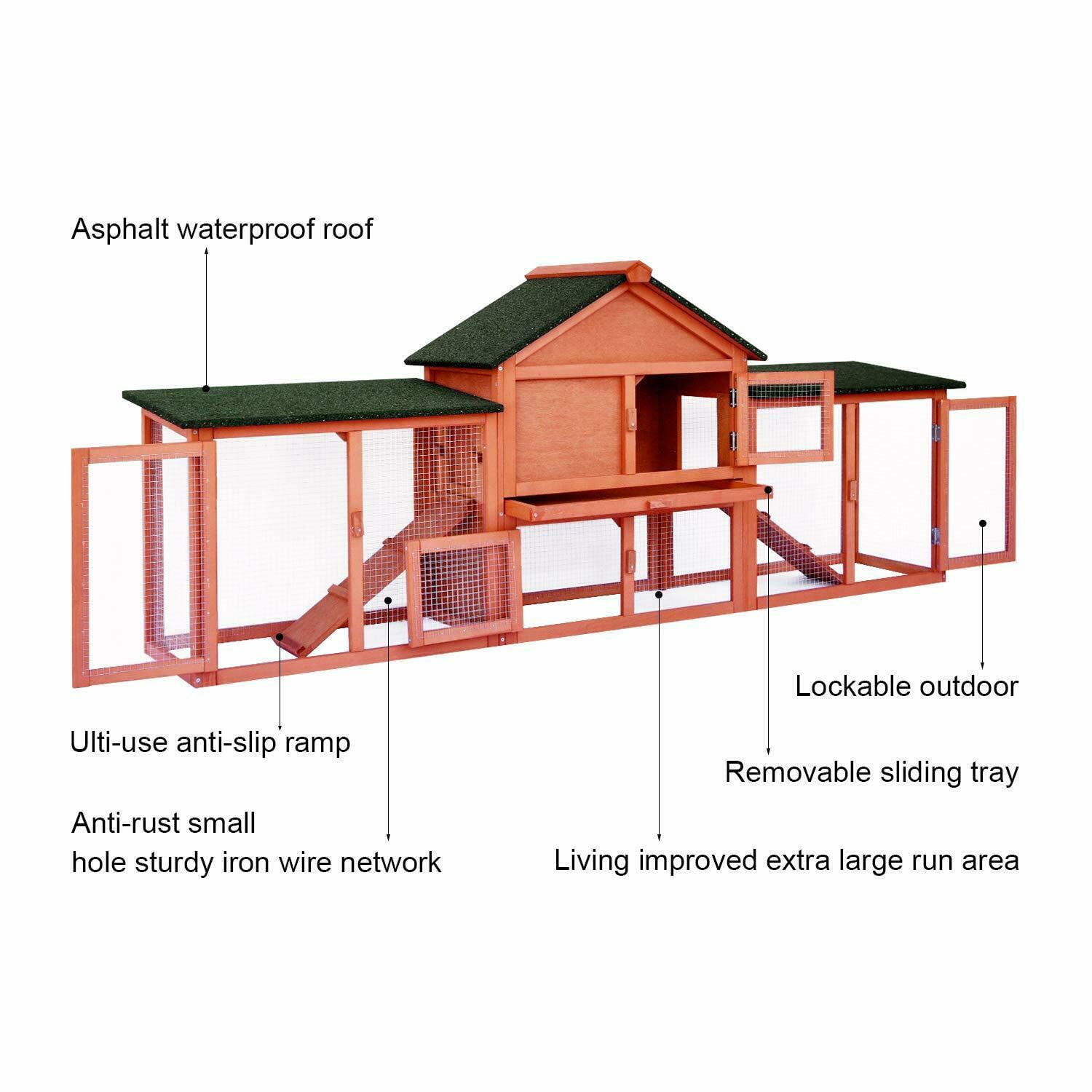 streakboard 83'' Large Rabbit Hutch Backyard Wooden Chicken Coop Bunny Poultry Cage W/ Ramp
