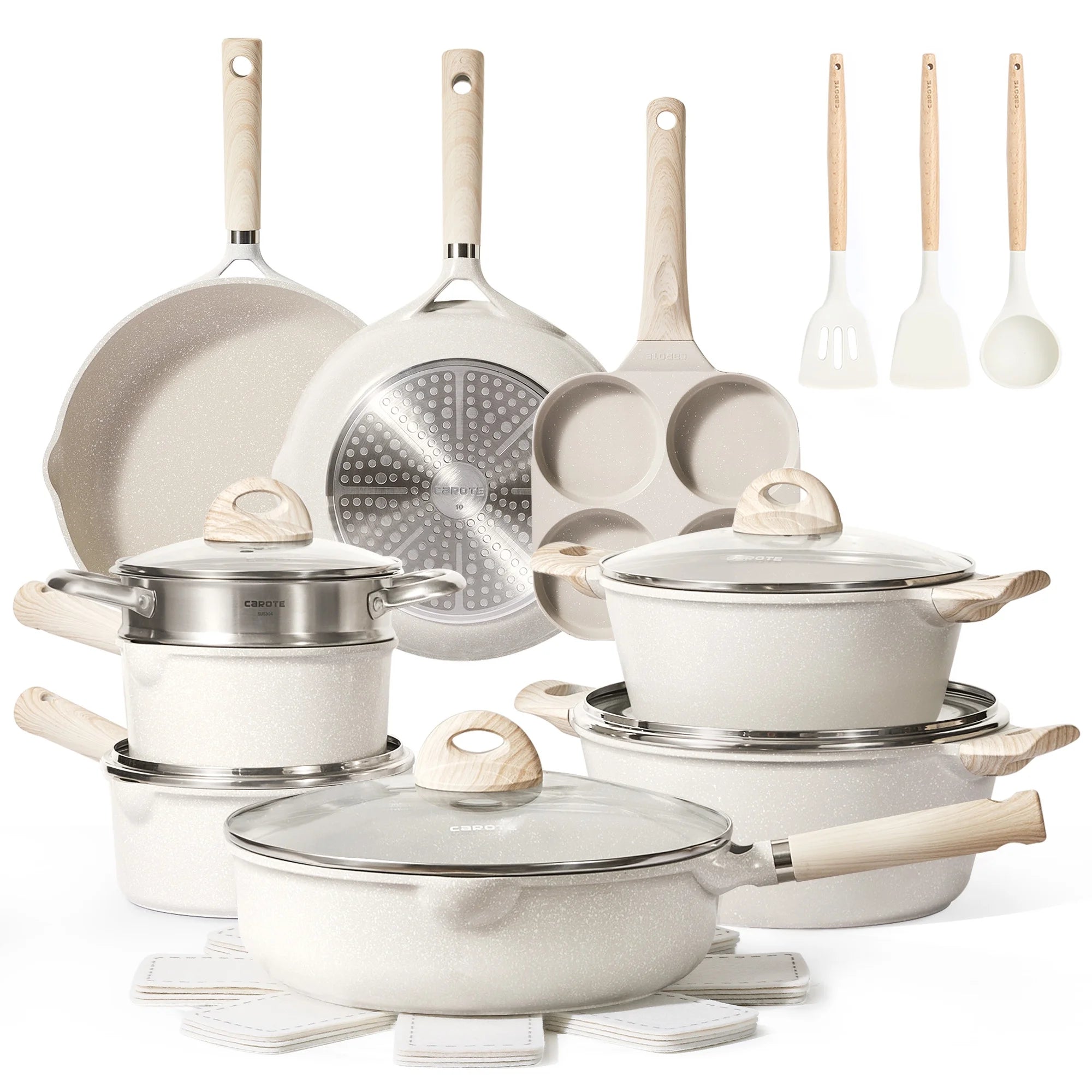 Non Stick Pots and Pans Set, 21 Pcs Induction Kitchen Cookware Sets (Beige Granite) (Carote)