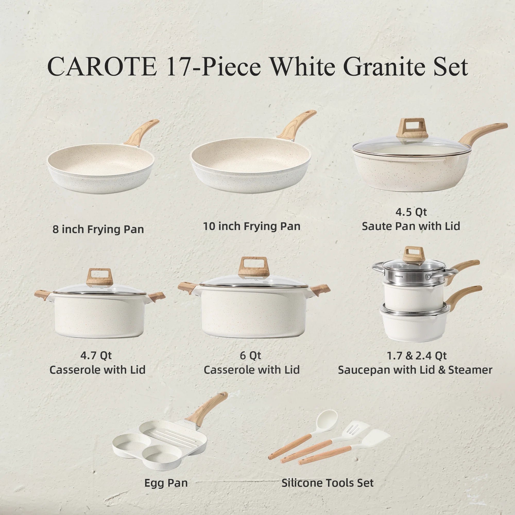 Carote Nonstick Pots and Pans Set, 17 Pcs Granite Kitchen Cookware Sets