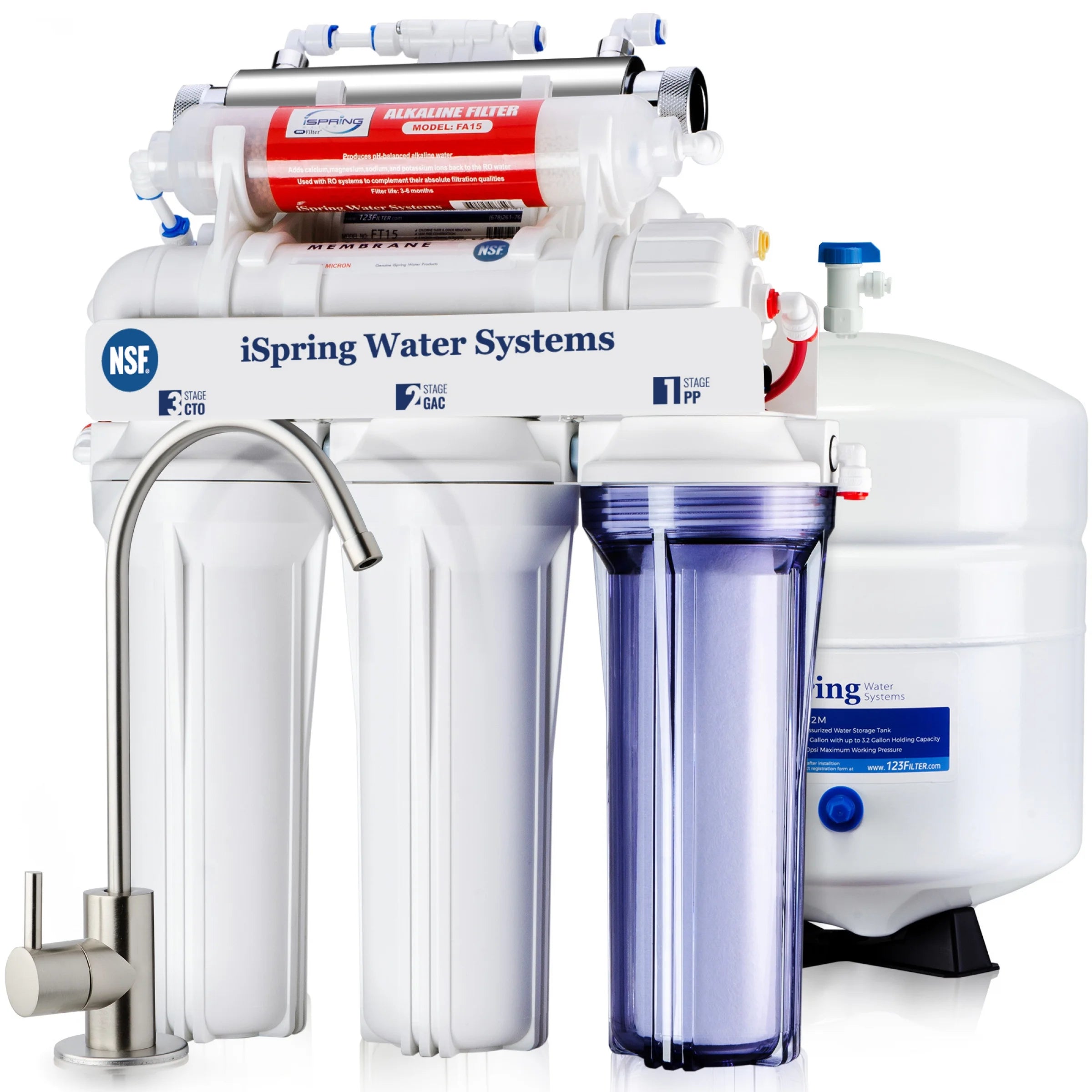 iSpring RCC7AK-UV NSF Certified 7-Stage Reverse Osmosis System, 75 GPD Under Sink Water Filter with Alkaline Remineralization