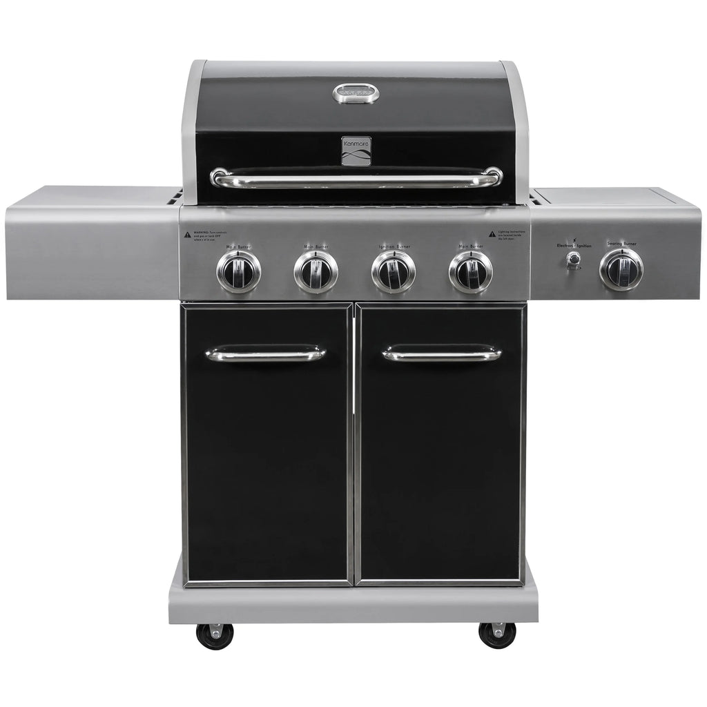 4-Burner Outdoor Propane Gas Grill with Searing Side Burner, Stainless Steel with Black Trim (Kenmore)