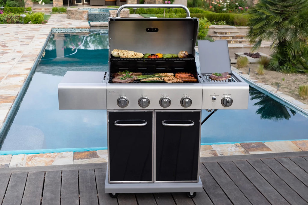 4-Burner Outdoor Propane Gas Grill with Searing Side Burner, Stainless Steel with Black Trim (Kenmore)