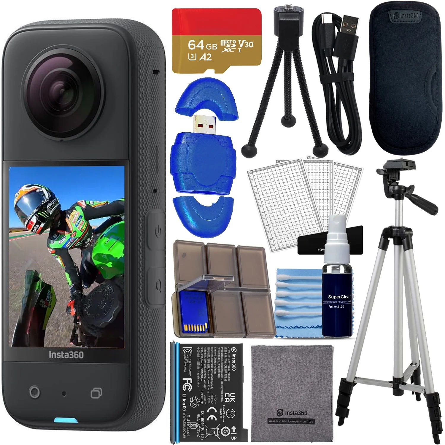 X3 Waterproof 360 Action Camera Bundle - 5.7K HDR Video, 48MP Sensors, includes 64GB Memory Card & Reader (Insta360)