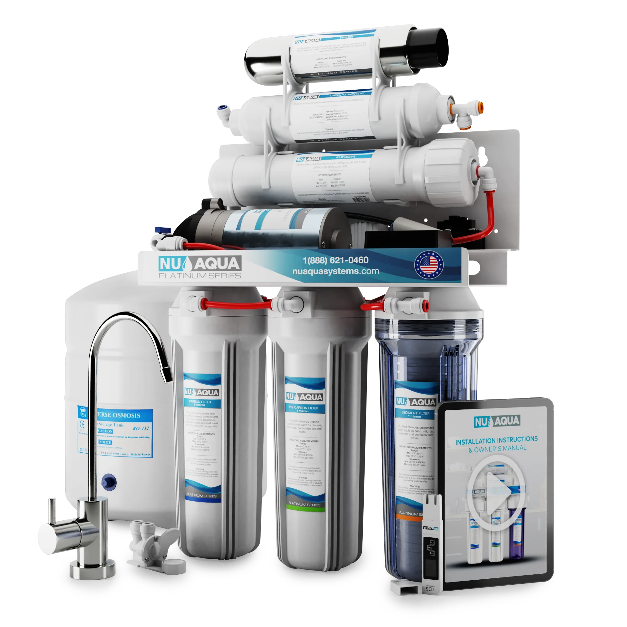 NU Aqua Platinum Series 6 Stage UV Ultraviolet 100GPD RO System with Booster Pump
